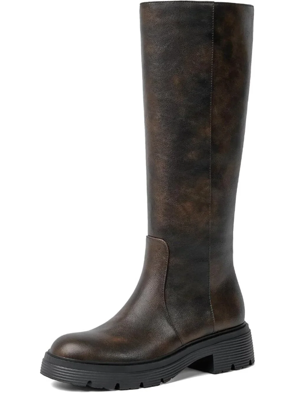 Women's Retro Chocolate Faux Leather Low Block Heel Side Zipper Knee High Boots